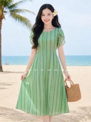 Đầm Tơ Suông Kẻ Sọc Xanh Tươi Mát