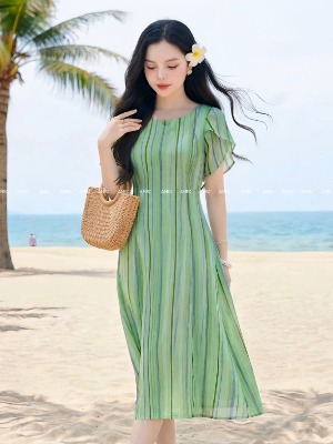 Đầm Tơ Suông Kẻ Sọc Xanh Tươi Mát