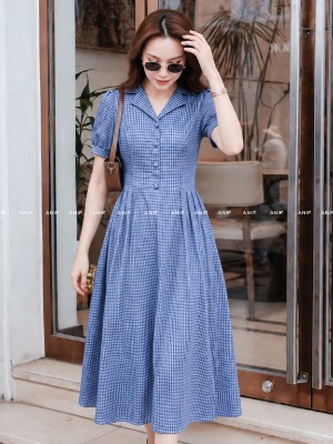 Đầm Xoè Caro Nhí Xanh