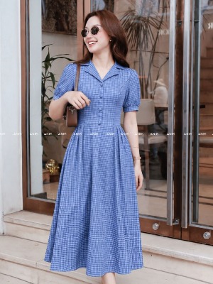 Đầm Xoè Caro Nhí Xanh