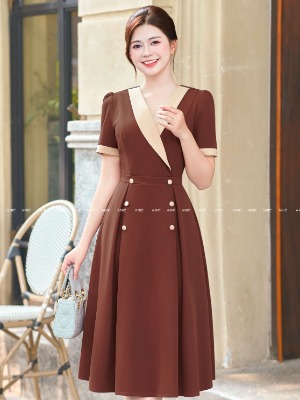 Đầm Nâu Gạch Nút Bọc Viền Kem