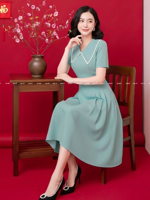 Đầm Xoè 2 Màu Cổ Viền Ren Trắng 