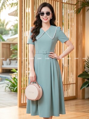 Đầm Xoè 2 Màu Cổ Viền Ren Trắng 