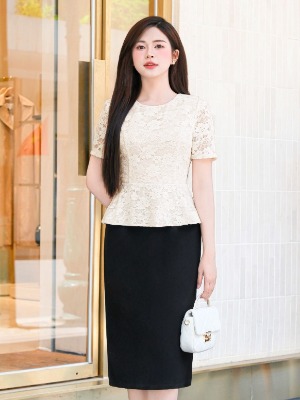 Đầm Peplum Ren Đen Trắng Kem