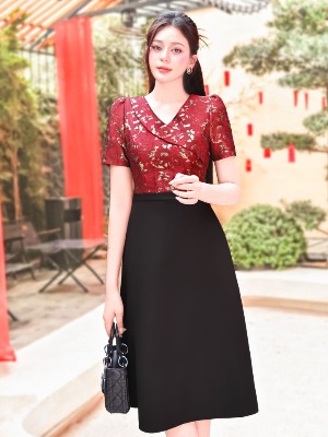 Đầm Liền Đen Đỏ Gấm Vân