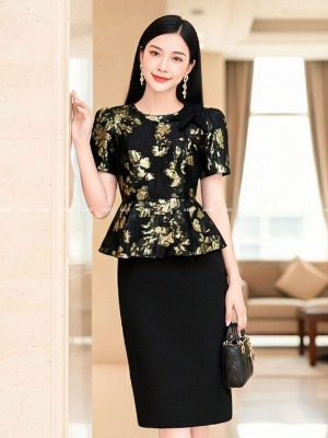 Đầm Liền Peplum Ánh Kim Vàng
