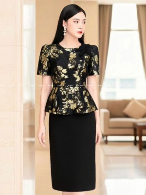 Đầm Liền Peplum Ánh Kim Vàng