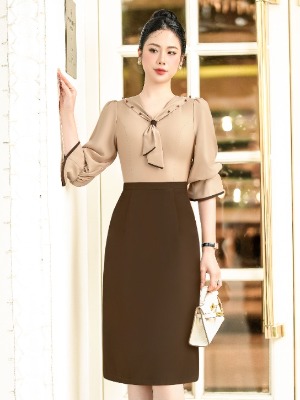 Đầm Liền Nâu Tay Lỡ