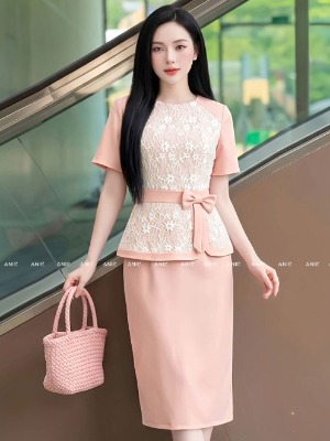 Đầm Peplum Hồng Cam Ren Hoa