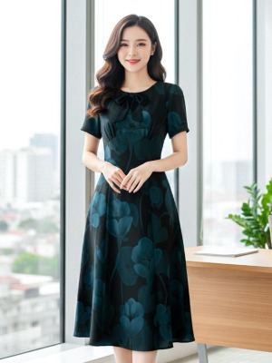 Đầm Lụa Mango Hoa Xanh Cột Nơ