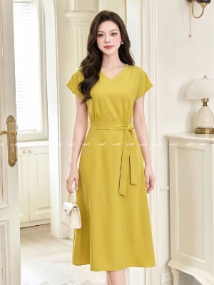 Đầm Vàng Nhún Eo Thắt Nơ