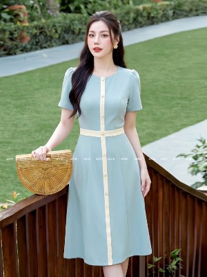 Đầm Xanh Pastel Viền Trắng