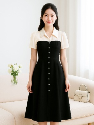 Đầm Đen Nút Dọc Mix Voan Tơ Gân