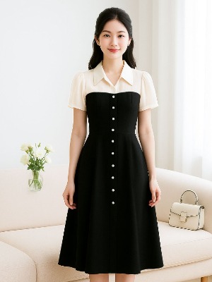 Đầm Đen Nút Dọc Mix Voan Tơ Gân