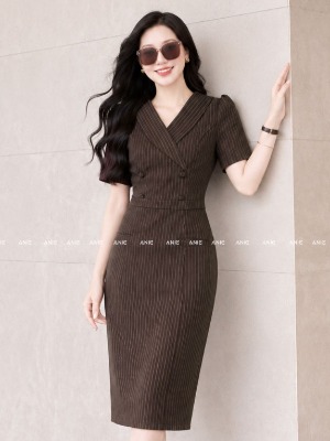 Đầm Vest Sọc Nâu Xẻ Túi