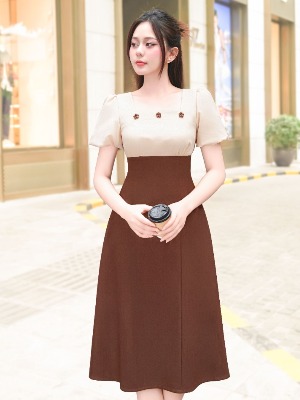 Đầm Liền Dáng A Nâu Kem