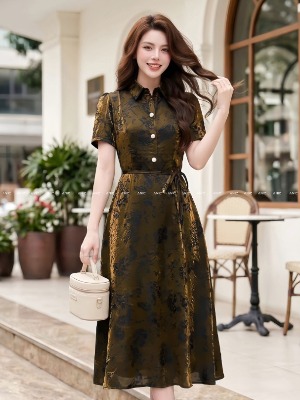 Đầm Tơ Vàng Hoạ Tiết Nhung