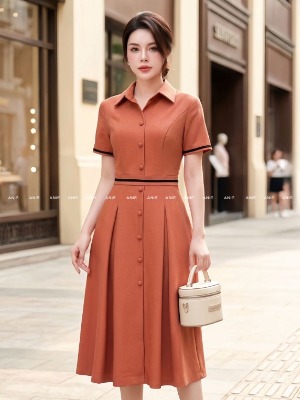 Đầm Xoè Sơ Mi Cam Đào Nút Bọc