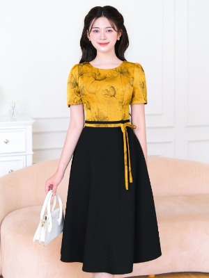 Đầm Liền Mix Hoa Lụa Vân