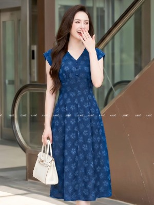 Đầm Xanh Vai Chồm Cổ V