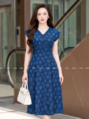 Đầm Xanh Vai Chồm Cổ V