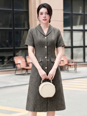 Đầm Xám Suông Đính Cúc