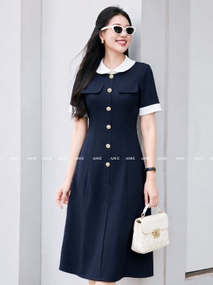 Đầm Xanh Đen Viền Trắng Túi Giả