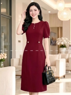 Đầm Đỏ Tay Búp Đính Nút 