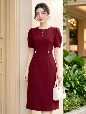Đầm Đỏ Tay Búp Đính Nút 