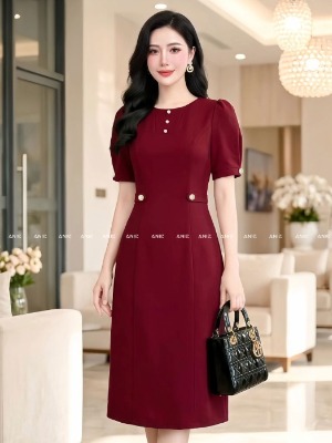 Đầm Đỏ Tay Búp Đính Nút 
