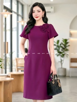 Đầm Suông Hồng Tím Hoa Vai