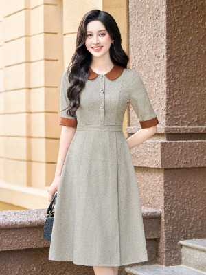 Đầm Tay Lỡ Xám Phối Cổ Cam