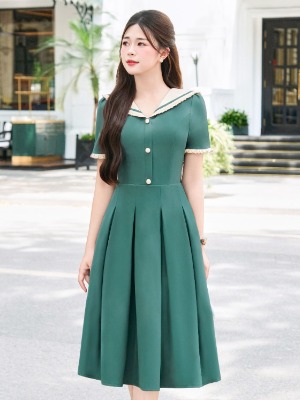 Đầm Xòe Xanh Bottle Xếp Ly