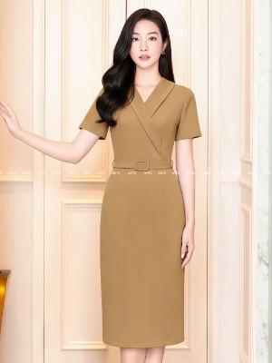 Đầm Belt Eo 2 Lớp Nâu Vàng
