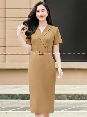 Đầm Belt Eo 2 Lớp Nâu Vàng