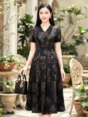 Đầm Xoè Lụa Hoa Cổ Điển