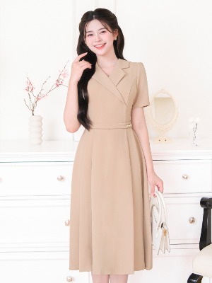 Đầm Cổ Vest Xòe Xếp Ly