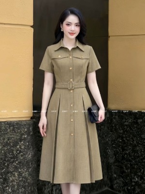 Đầm Sơ Mi Đai Eo Rời Nâu Be