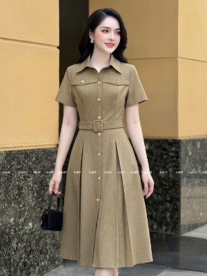 Đầm Sơ Mi Đai Eo Rời Nâu Be