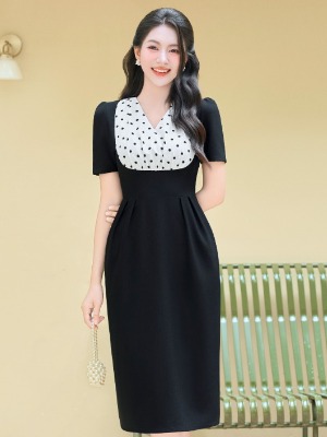 Đầm Đen Bút Chì Phối Chấm Bi