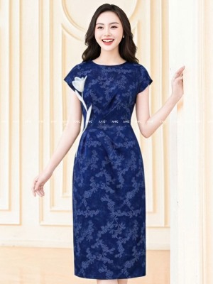 Đầm Lụa Vân Xanh Hoa Lily Trắng