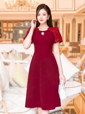 Đầm Tiệc Đỏ Mix Ren Thêu