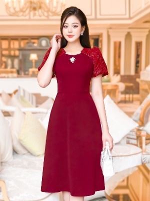 Đầm Tiệc Đỏ Mix Ren Thêu
