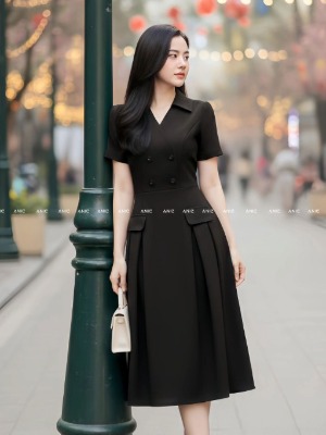 Đầm Xếp Ly 2 Túi Đen Ánh Nâu