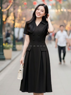 Đầm Xếp Ly 2 Túi Đen Ánh Nâu