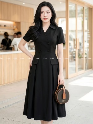 Đầm Xếp Ly 2 Túi Ánh Đen