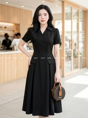 Đầm Xếp Ly 2 Túi Ánh Đen