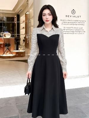 Đầm Sơ Mi Sọc Phối Đen Tay Dài