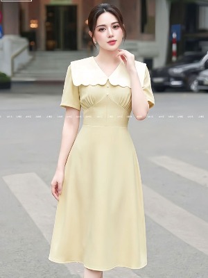 Đầm Vàng Be Cổ Gợn Sóng