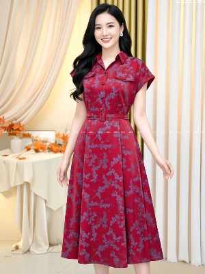Đầm Lụa Đỏ Hoa Văn Classy